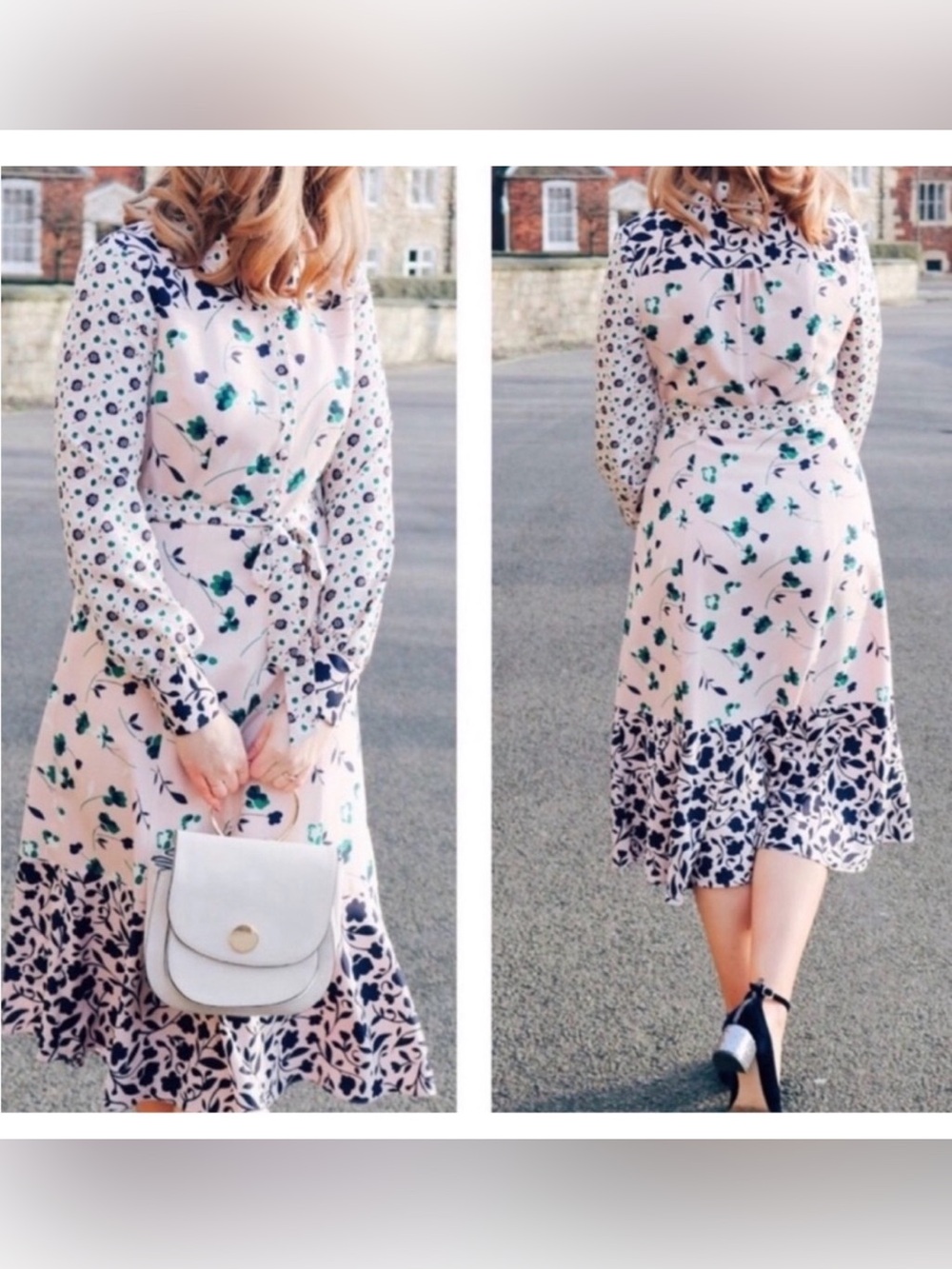 Boden Sybil Long Sleeve Floral Midi Dress Pink Green Button Collared Size‎ 8